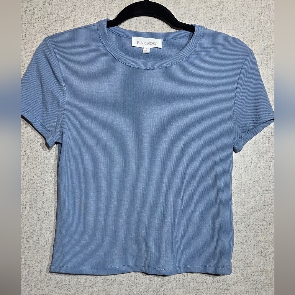 Pink Rose Light Blue Ribbed Short Sleeve Top